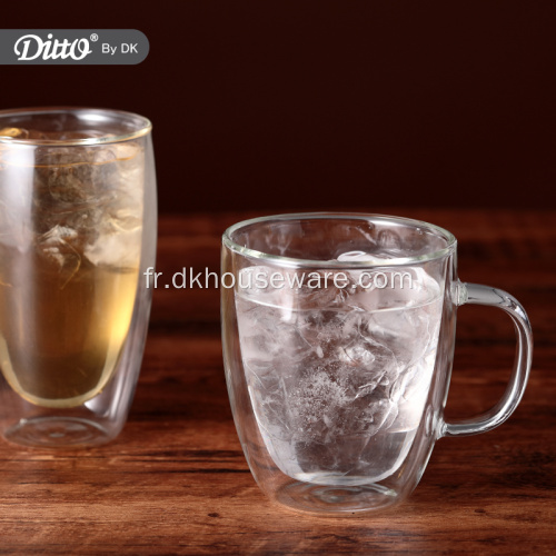 Tasse à eau en verre isolé à double paroi avec poignée